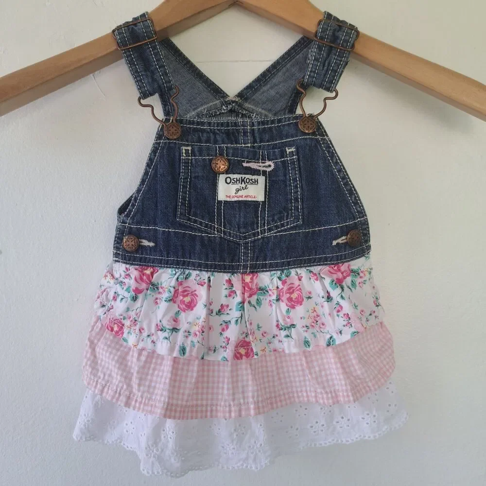 Oshkosh 12 Month Baby Overall Dress Jumper Denim Pink Floral Gingham Lace Tiered